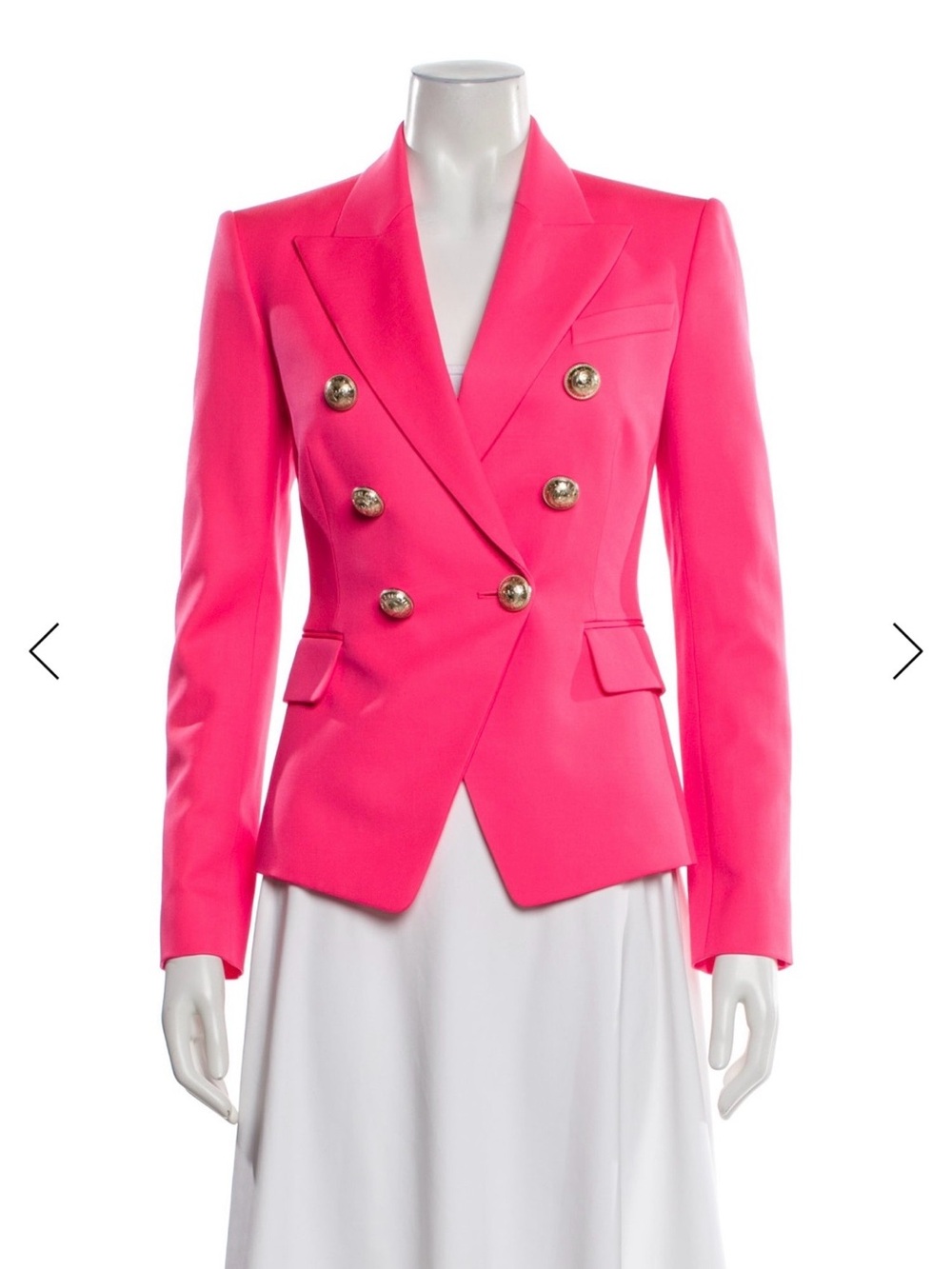 Balmain Bright Neon Pink Double-Breasted Military Blazer with Gold Buttons